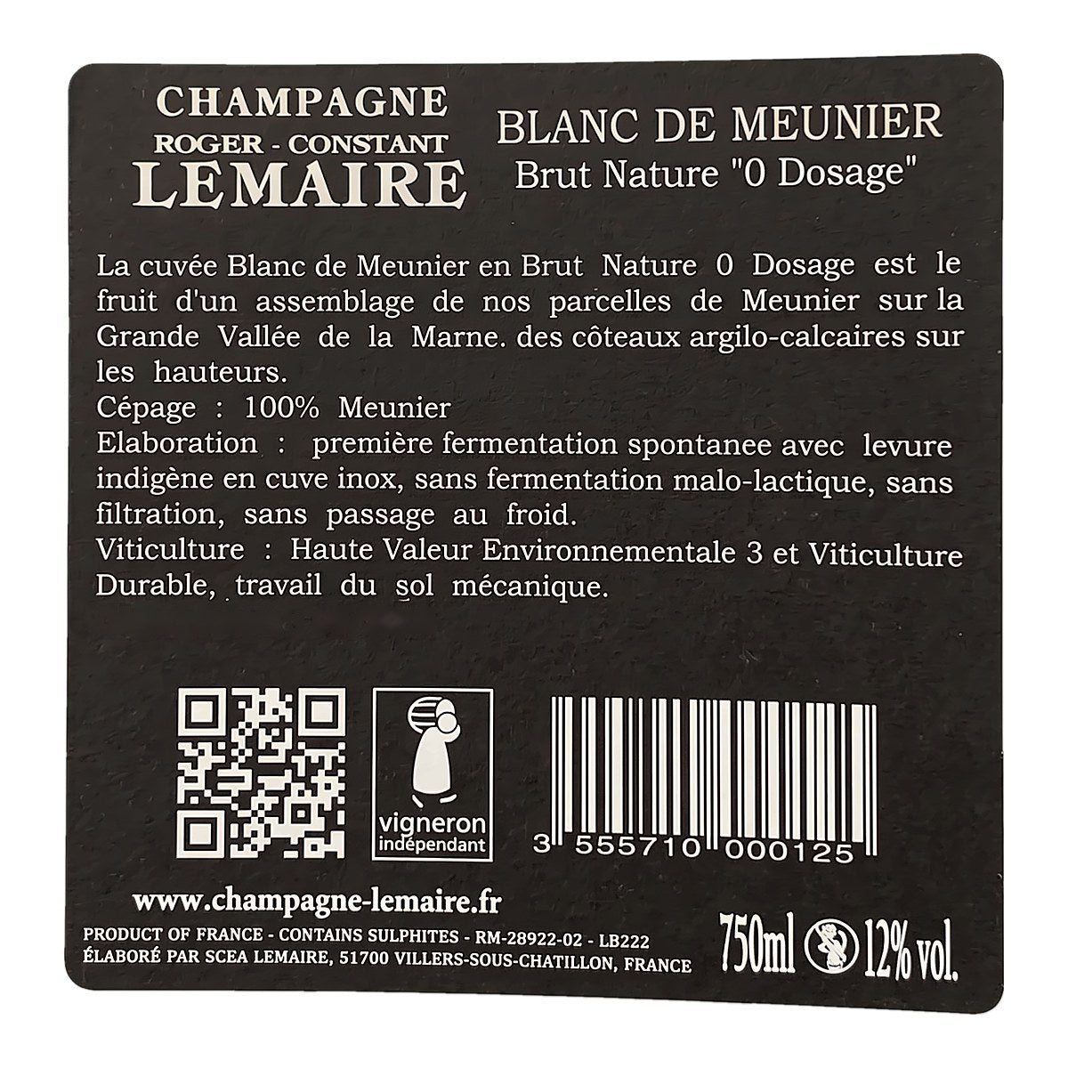 Rückenetikett Champagne Roger-Constant Lemaire Zéro Dosage mit Angaben zu Herstellung, Alkoholgehalt und Herkunft