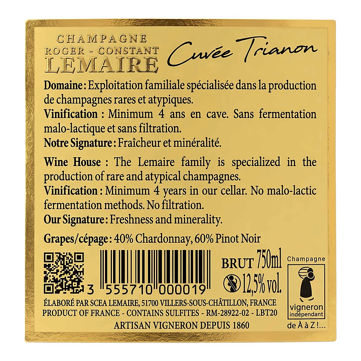 Rückenetikett Champagne Roger-Constant Lemaire Cuvée Trianon mit Angaben zu Rebsorten, Alkoholgehalt und Herkunft