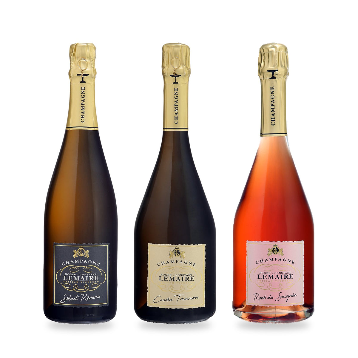 Champagner-Trio „Classique": Sélect Réserve, Cuvée Trianon und Rosé de Saignée von Roger-Constant Lemaire