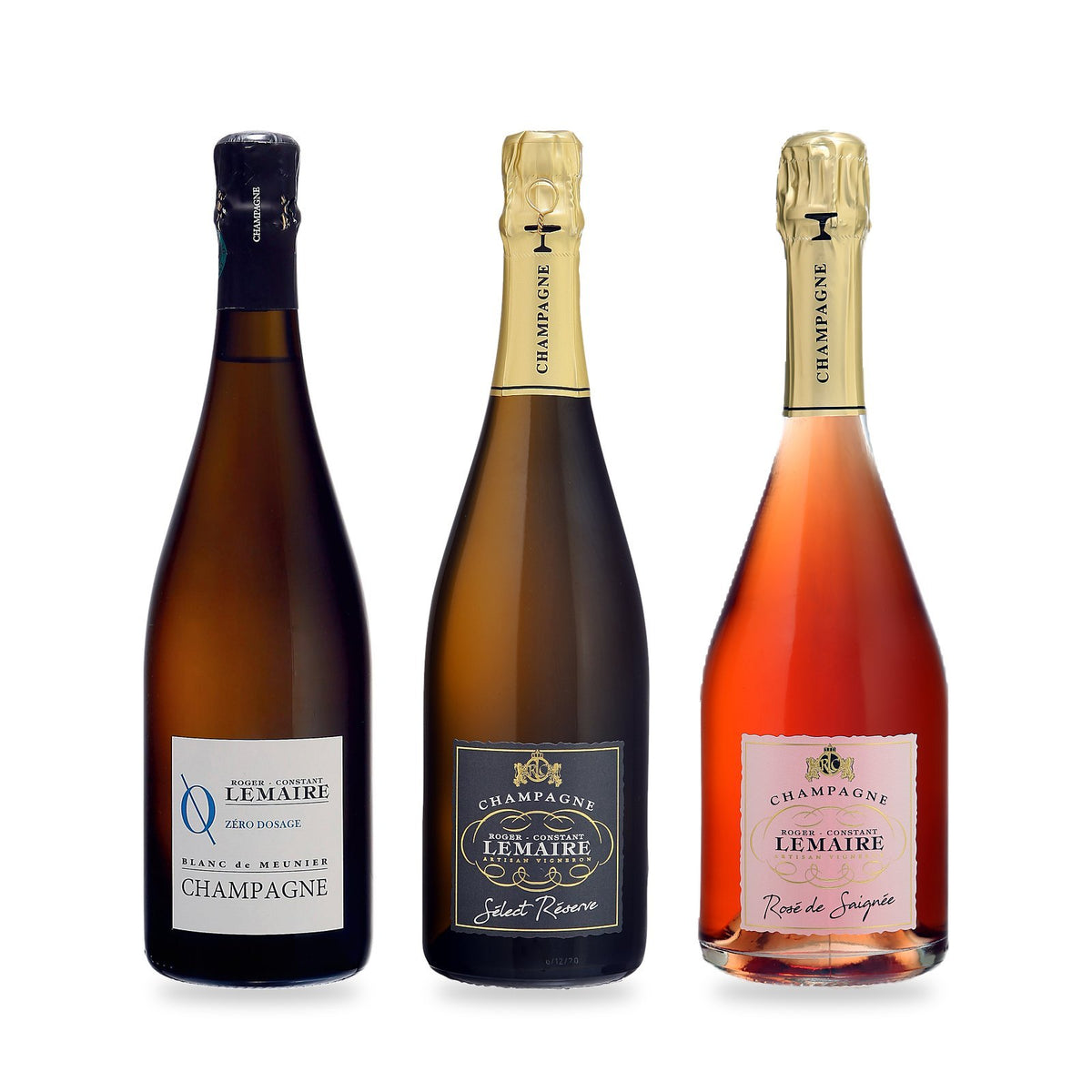 Champagner-Trio „Hommage au Meunier": Zéro Dosage, Sélect Réserve und Rosé de Saignée von Roger-Constant Lemaire